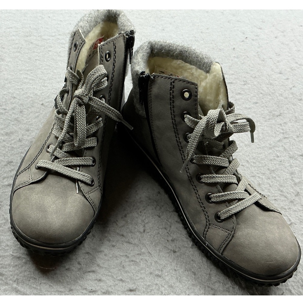 Rieker Grey Faux Shearling Lined Lace Up Ankle Boots Size 38 7.5 Comfort Casual
